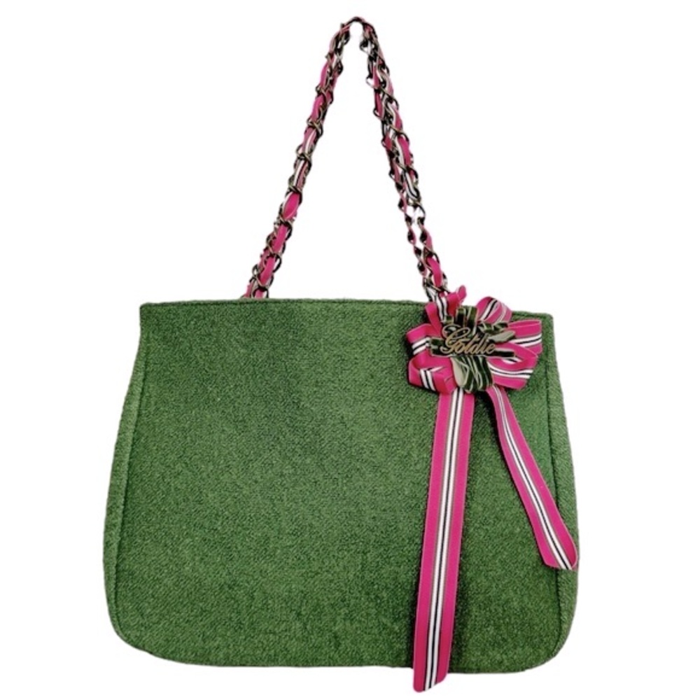 NWOT Y2K Goldie Ltd Edition Green Woven Tote with/ Ribbon Chain Handles